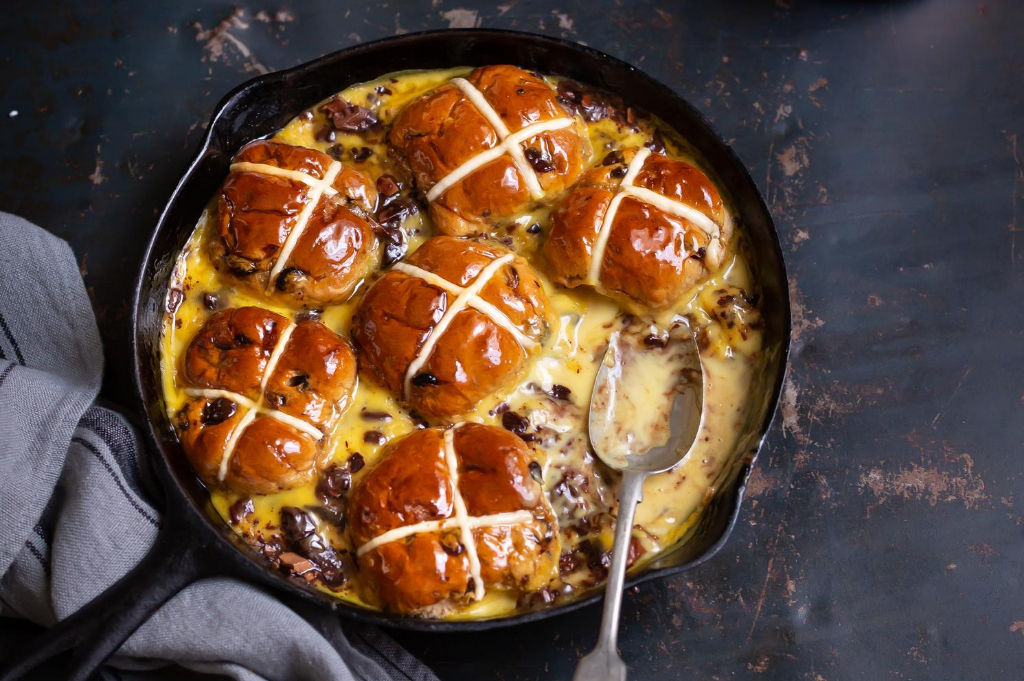 Hot cross bun pudding with chocolate & marmalade