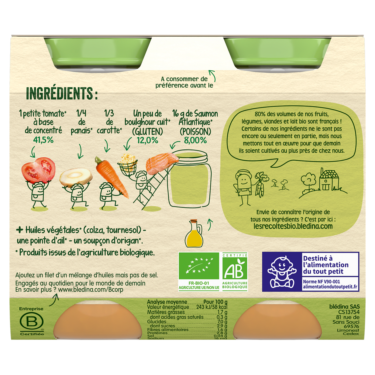 Blédina-Les récoltes bio-Tomato Bulgur Salmon-8m+-400 g