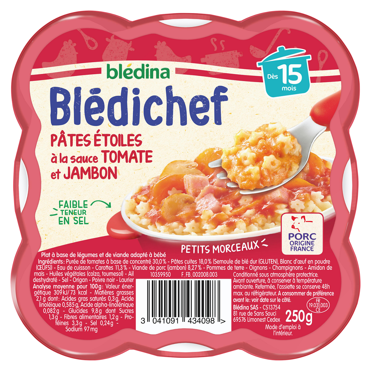Blédina - Blédichef - Pasta Tomato Ham - 250 g - 15m+