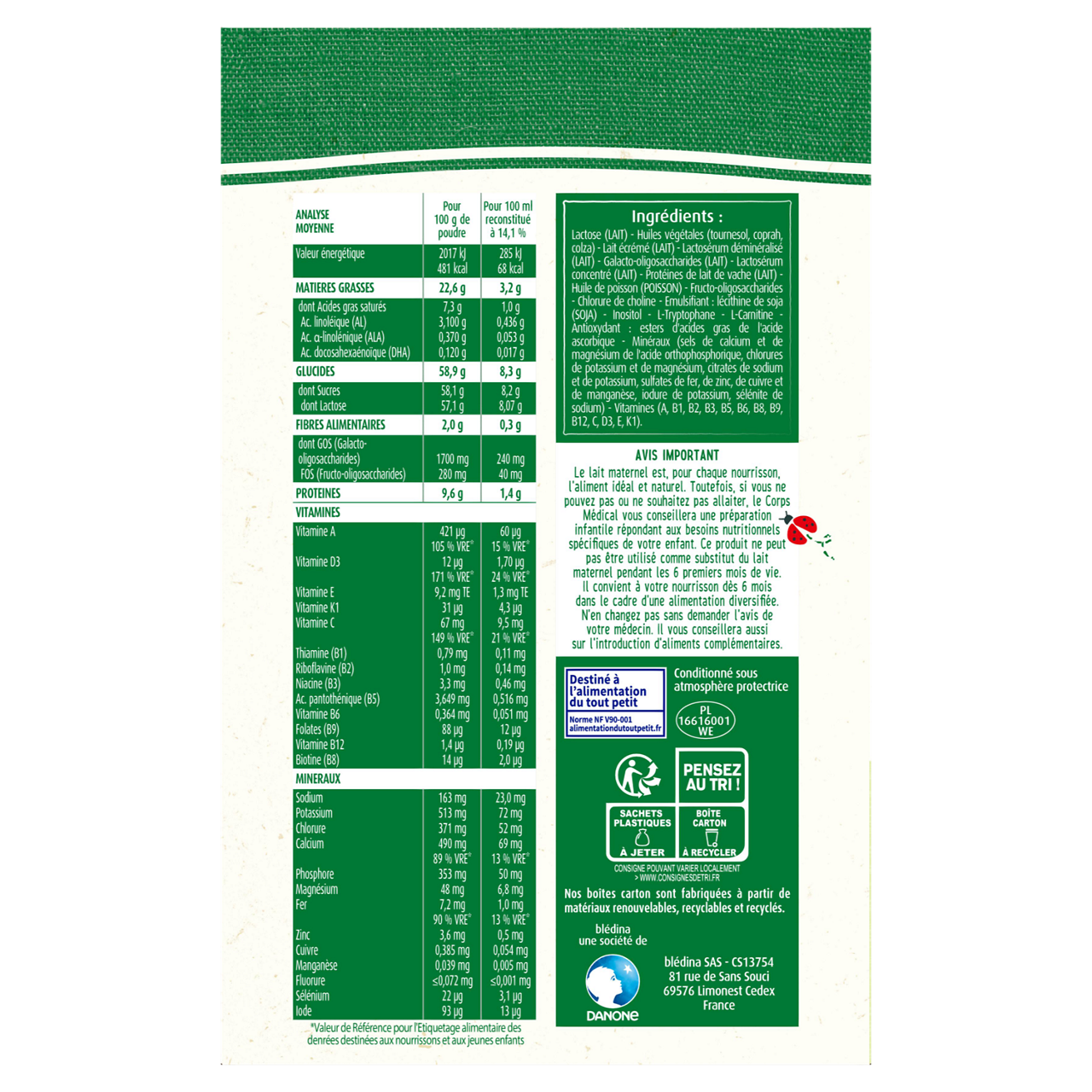 Blédina - Blédilait - Milk - 1,2 kg - 6-12m