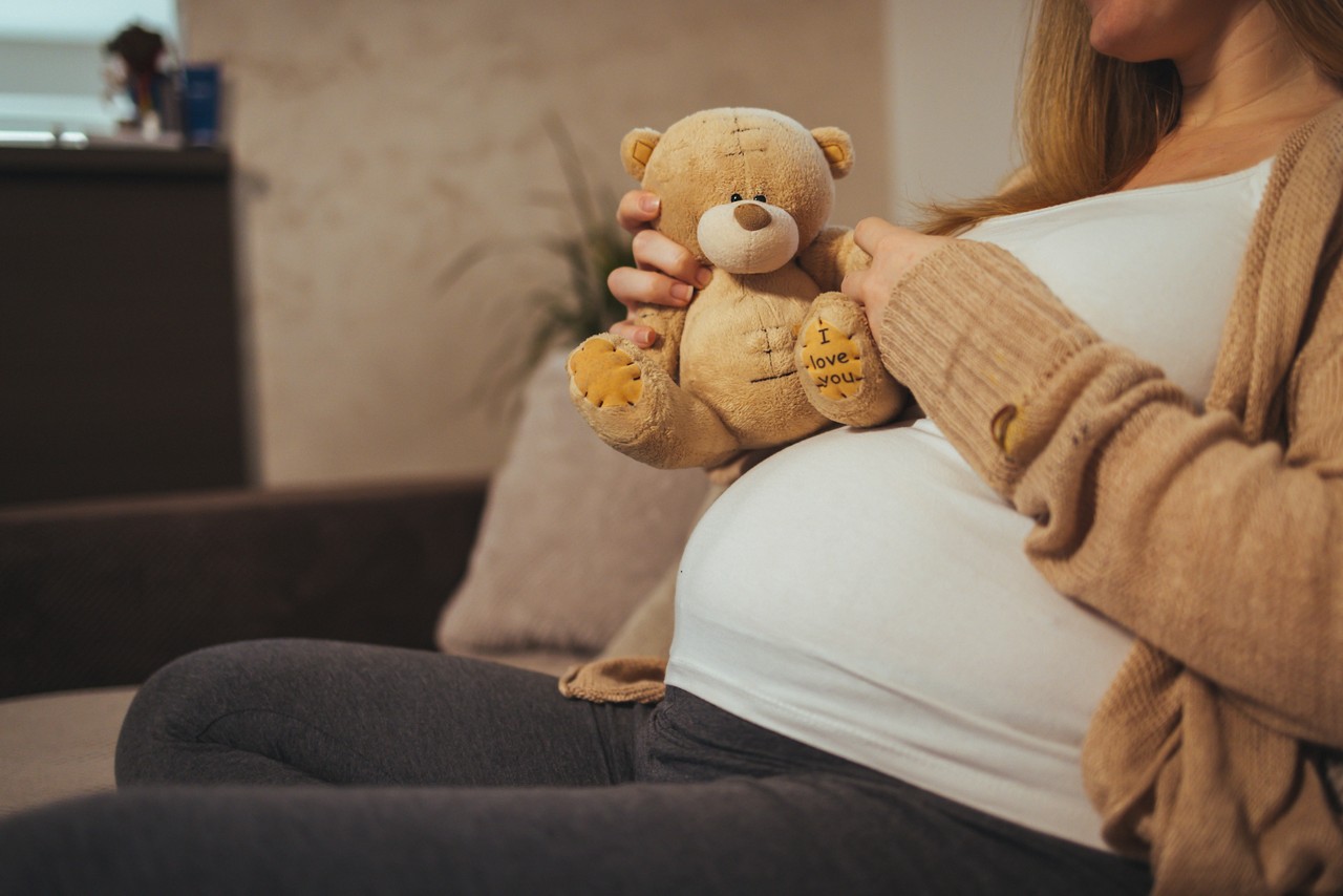 Young pregnant woman sitting on sofa and holding teddy bear toy.
