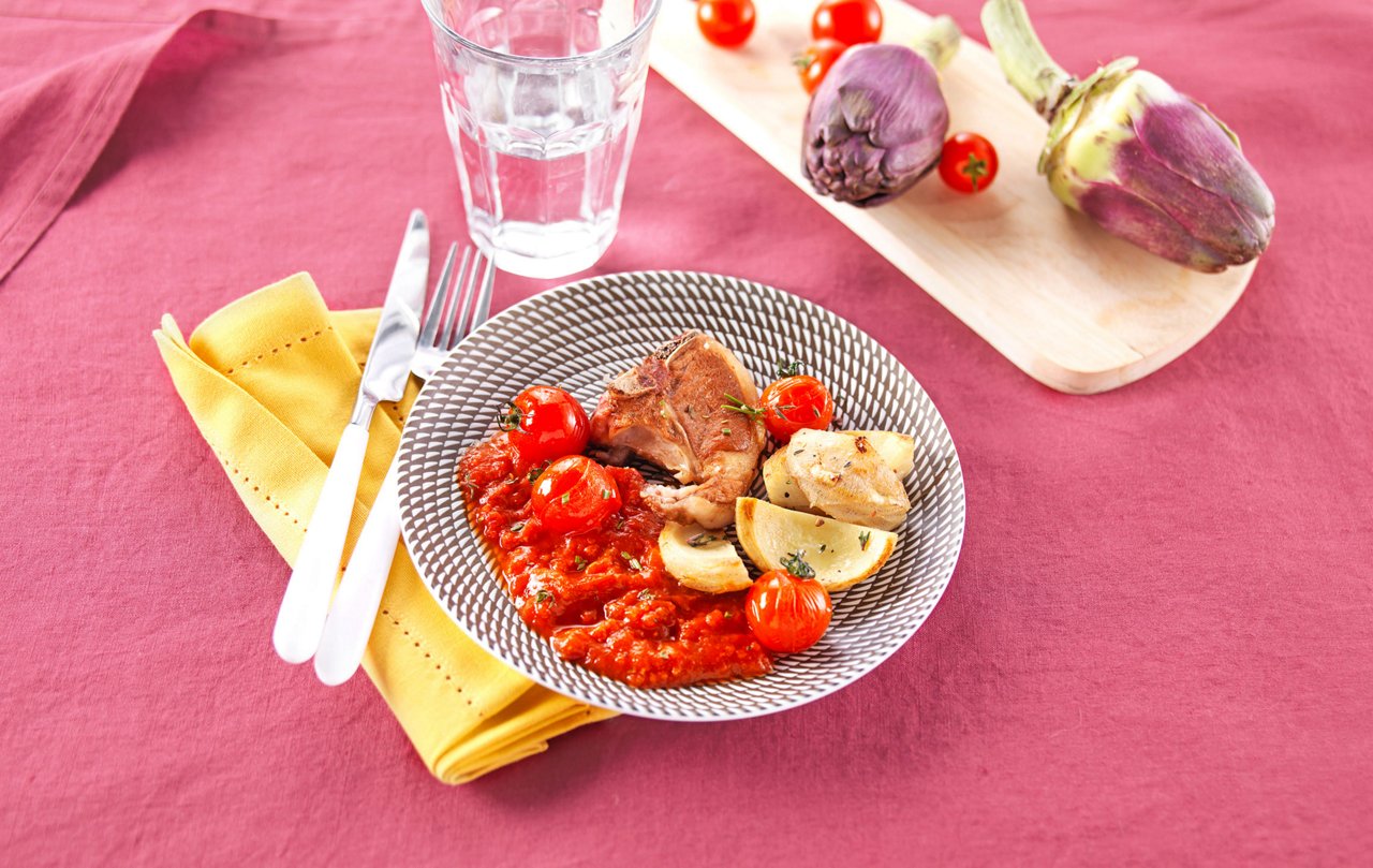 Recette Fond d'artichaut tomates cerises et côtes d'agneau