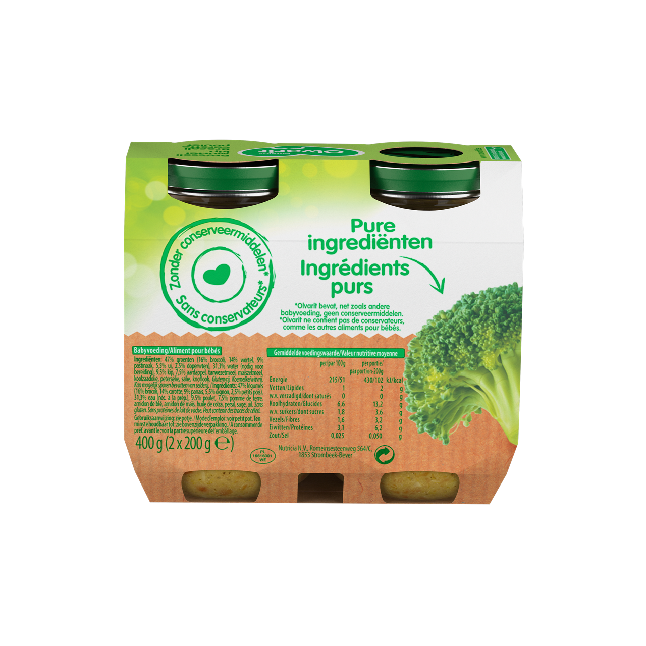 Olvarit Brocoli carotte poulet. Consultez notre site web Olvarit.be pour plus d'info sur alimentation pour bébé et les produits Olvarit.
