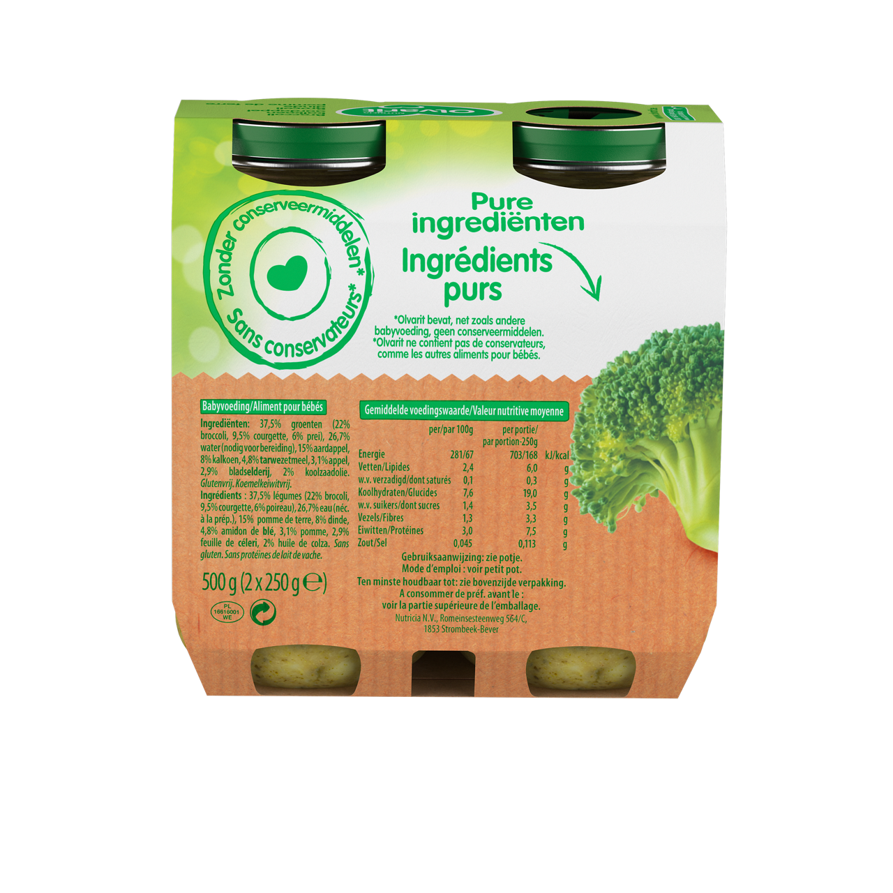 Olvarit Brocoli Dinde Pomme de terre. Consultez notre site web Olvarit.be pour plus d'info sur alimentation pour bébé et les produits Olvarit.