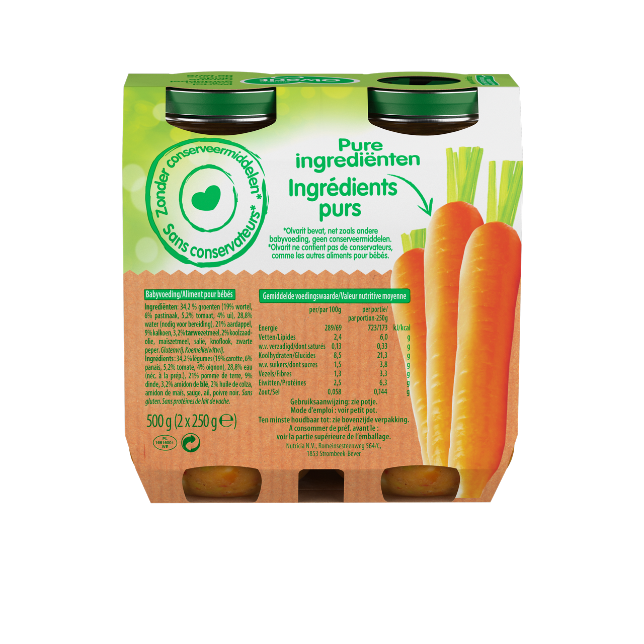 Olvarit Carotte Dinde Pomme de terre (250 g). Consultez notre site web Olvarit.be pour plus d'info sur alimentation pour bébé et les produits Olvarit.