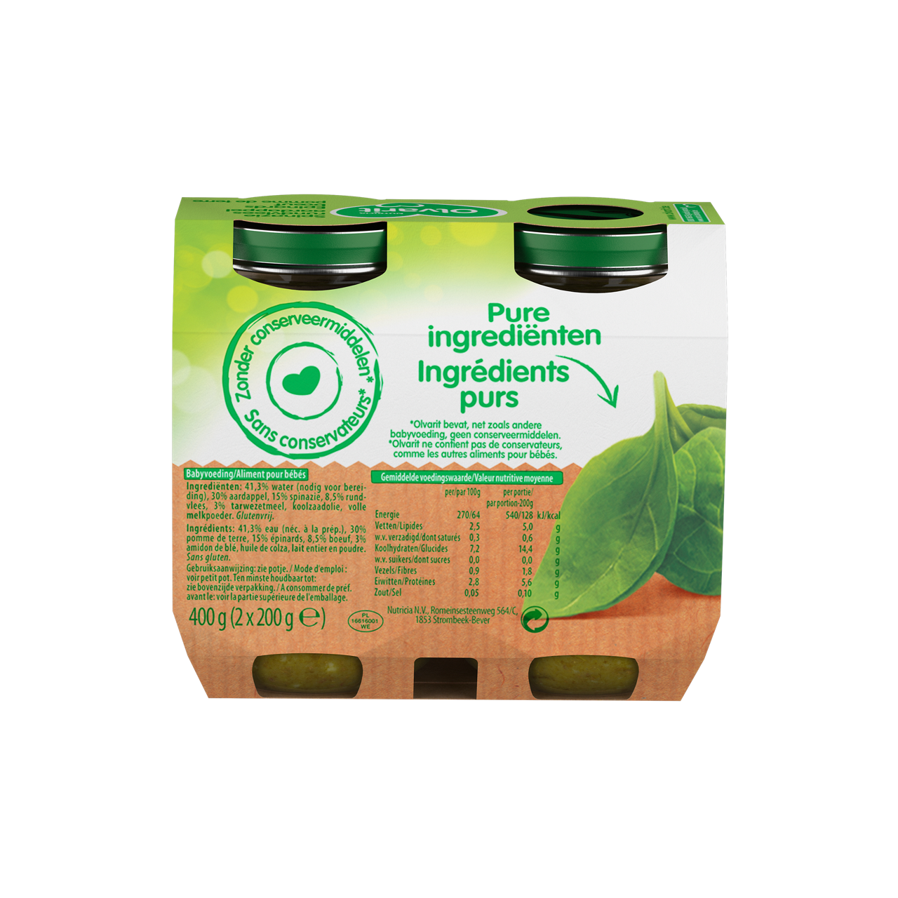 Olvarit Epinards Boeuf Pomme de terre. Consultez notre site web Olvarit.be pour plus d'info sur alimentation pour bébé et les produits Olvarit.