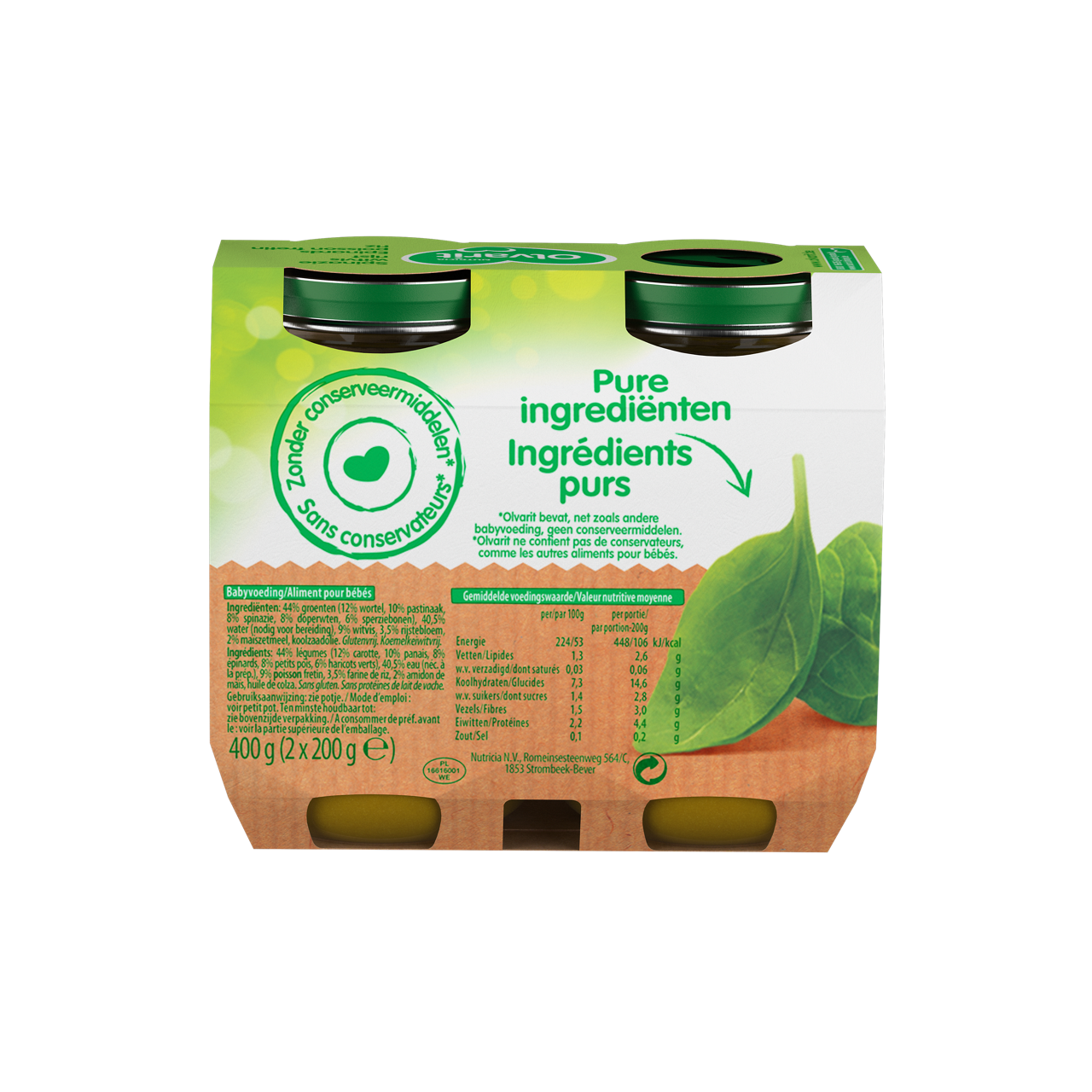 Olvarit Epinards Boeuf Pomme de terre. Consultez notre site web Olvarit.be pour plus d'info sur alimentation pour bébé et les produits Olvarit.