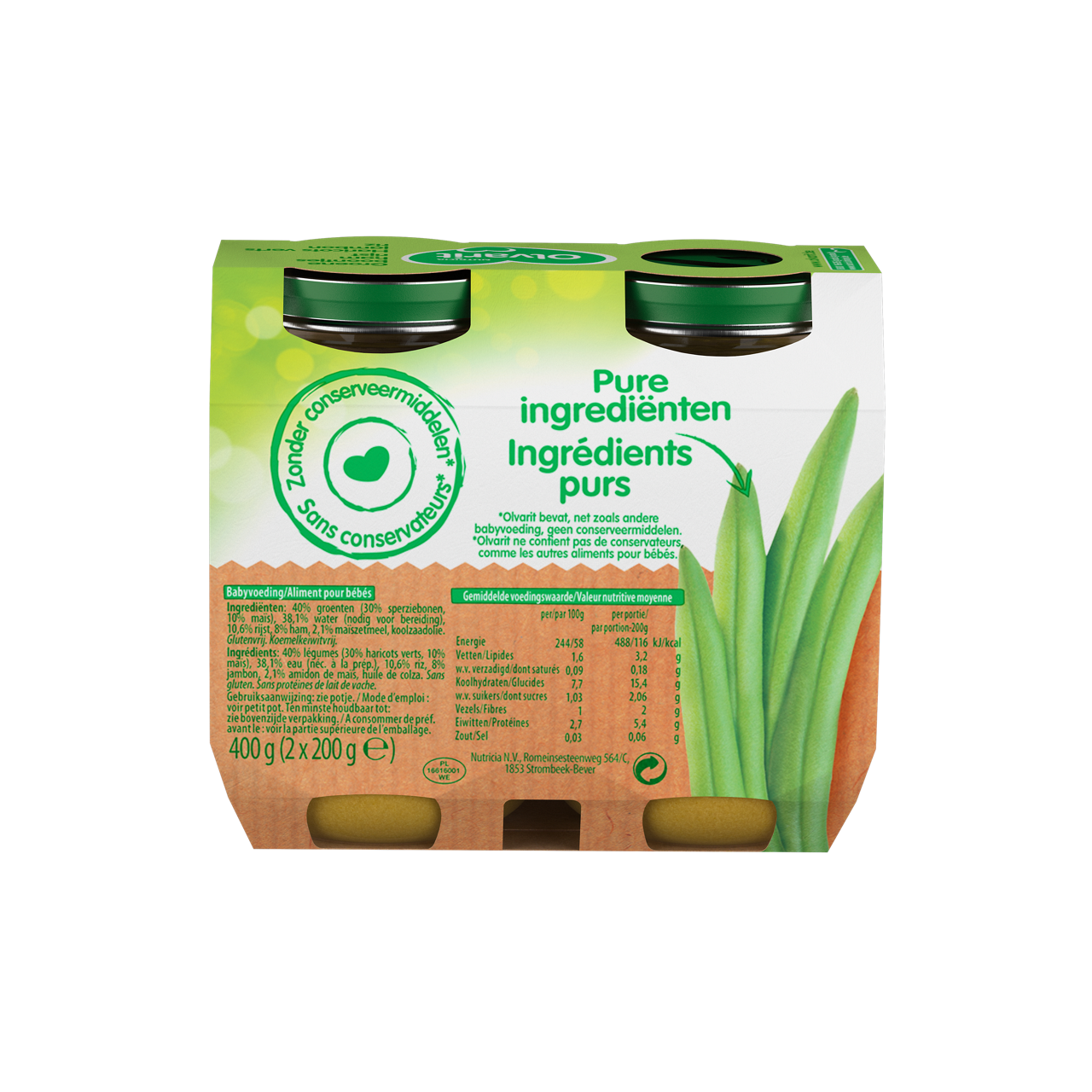 Olvarit Haricots verts Jambon Riz (200 g) Consultez notre site web Olvarit.be pour plus d'info sur alimentation pour bébé et les produits Olvarit.