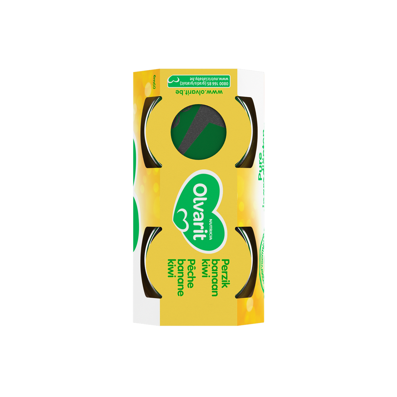 Olvarit Fruits Pêche Pomme Kiwi. Consultez notre site web Olvarit.be pour plus d'info sur alimentation pour bébé et les produits Olvarit.