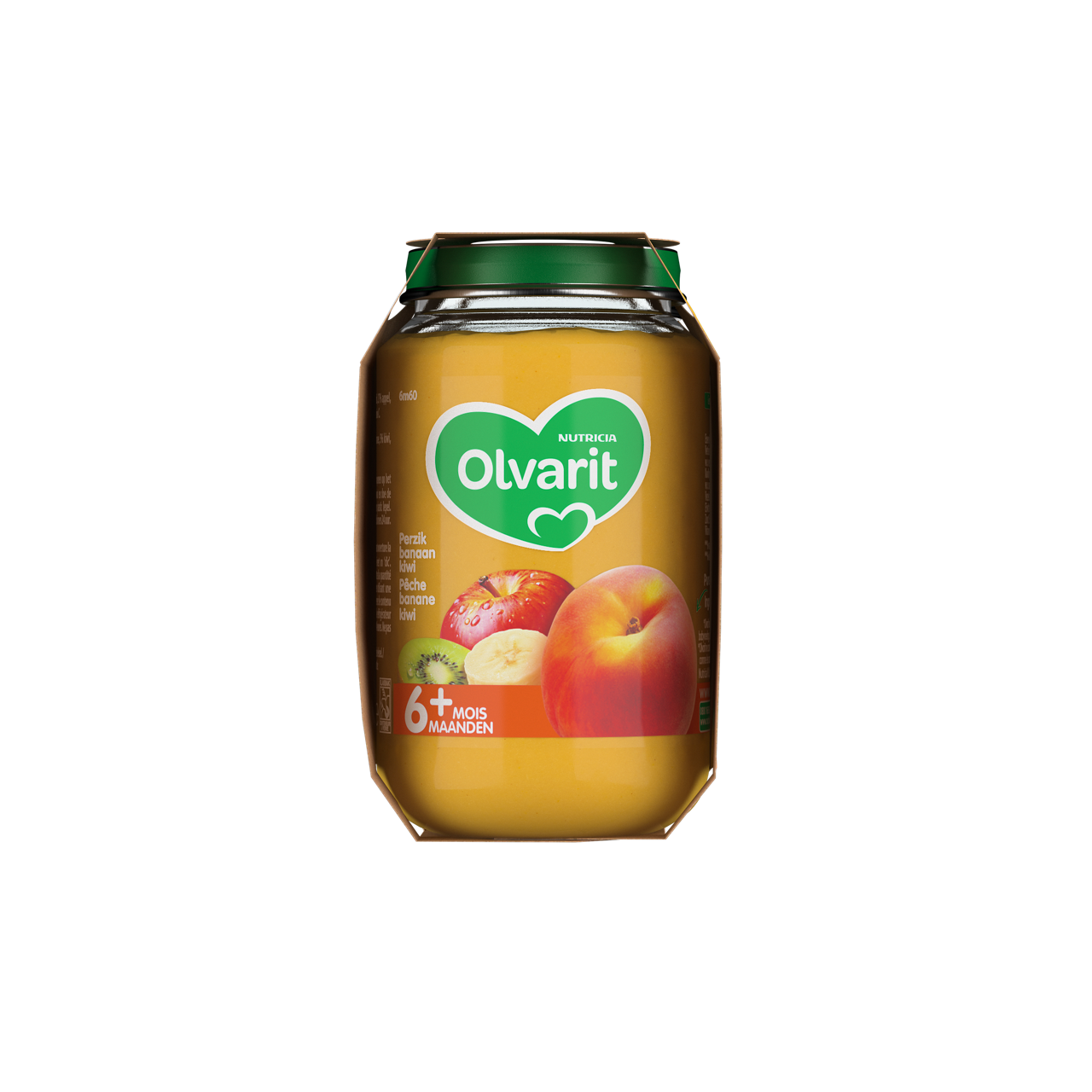 Olvarit Fruits Pêche Pomme Kiwi. Consultez notre site web Olvarit.be pour plus d'info sur alimentation pour bébé et les produits Olvarit.