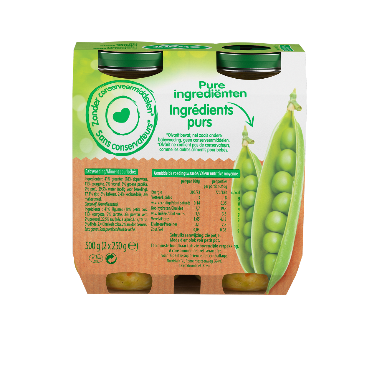 Olvarit Petits pois dinde riz (250 g). Consultez notre site web Olvarit.be pour plus d'info sur alimentation pour bébé et les produits Olvarit.