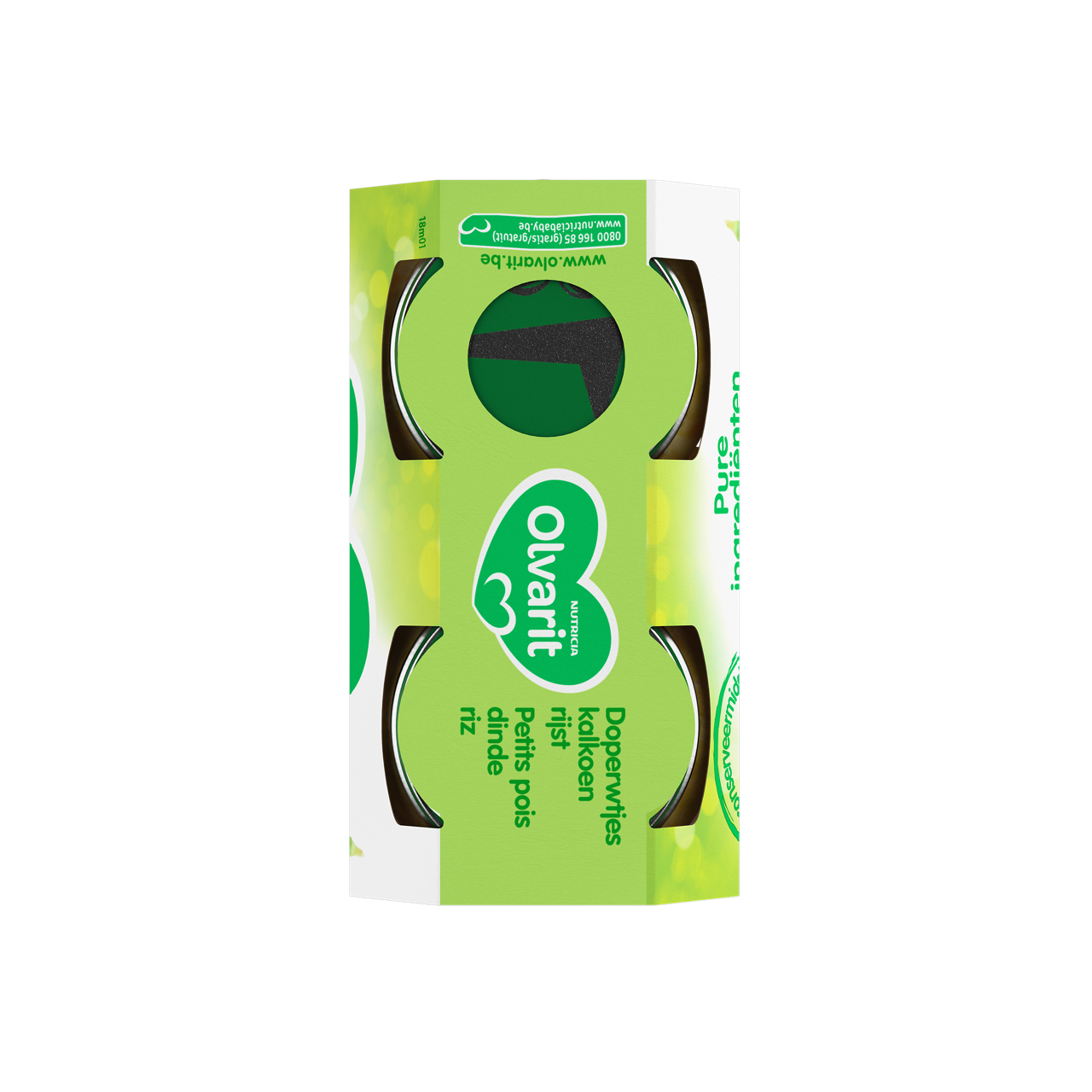 Olvarit Petits pois dinde riz (250 g). Consultez notre site web Olvarit.be pour plus d'info sur alimentation pour bébé et les produits Olvarit.