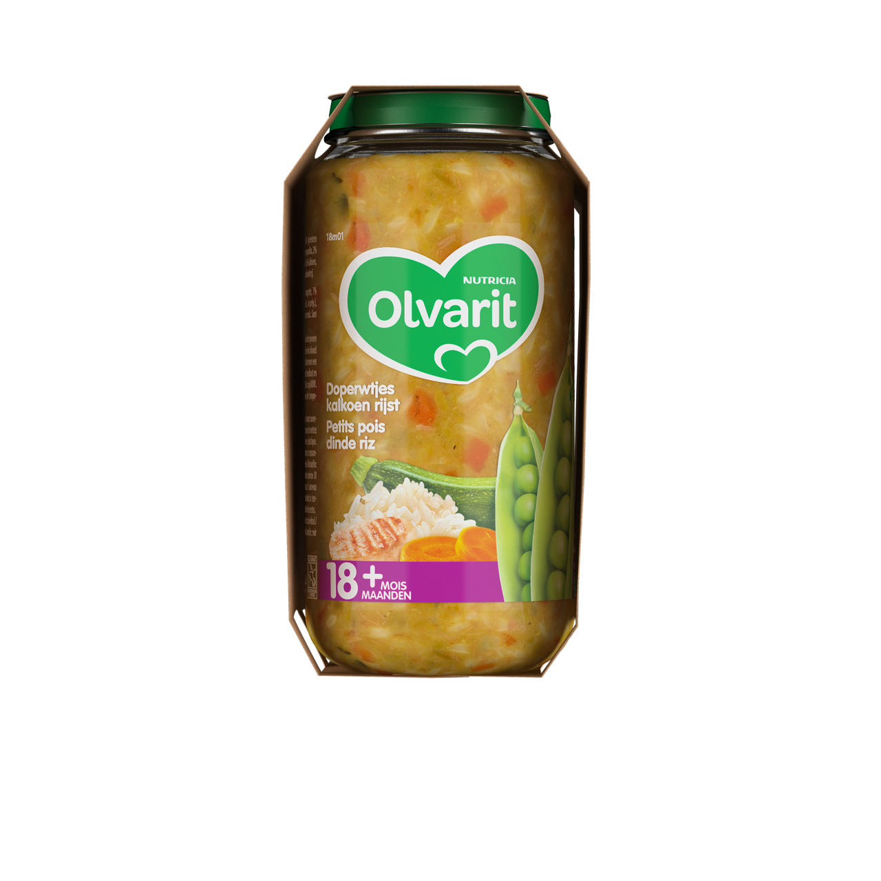 Olvarit Petits pois dinde riz (250 g). Consultez notre site web Olvarit.be pour plus d'info sur alimentation pour bébé et les produits Olvarit.