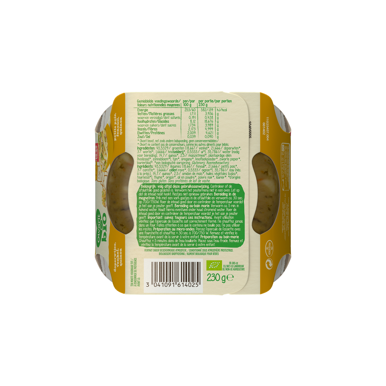Une assiette BIO pour les tout-petits sans viande, plein de quinoa, fenouil et petits pois.