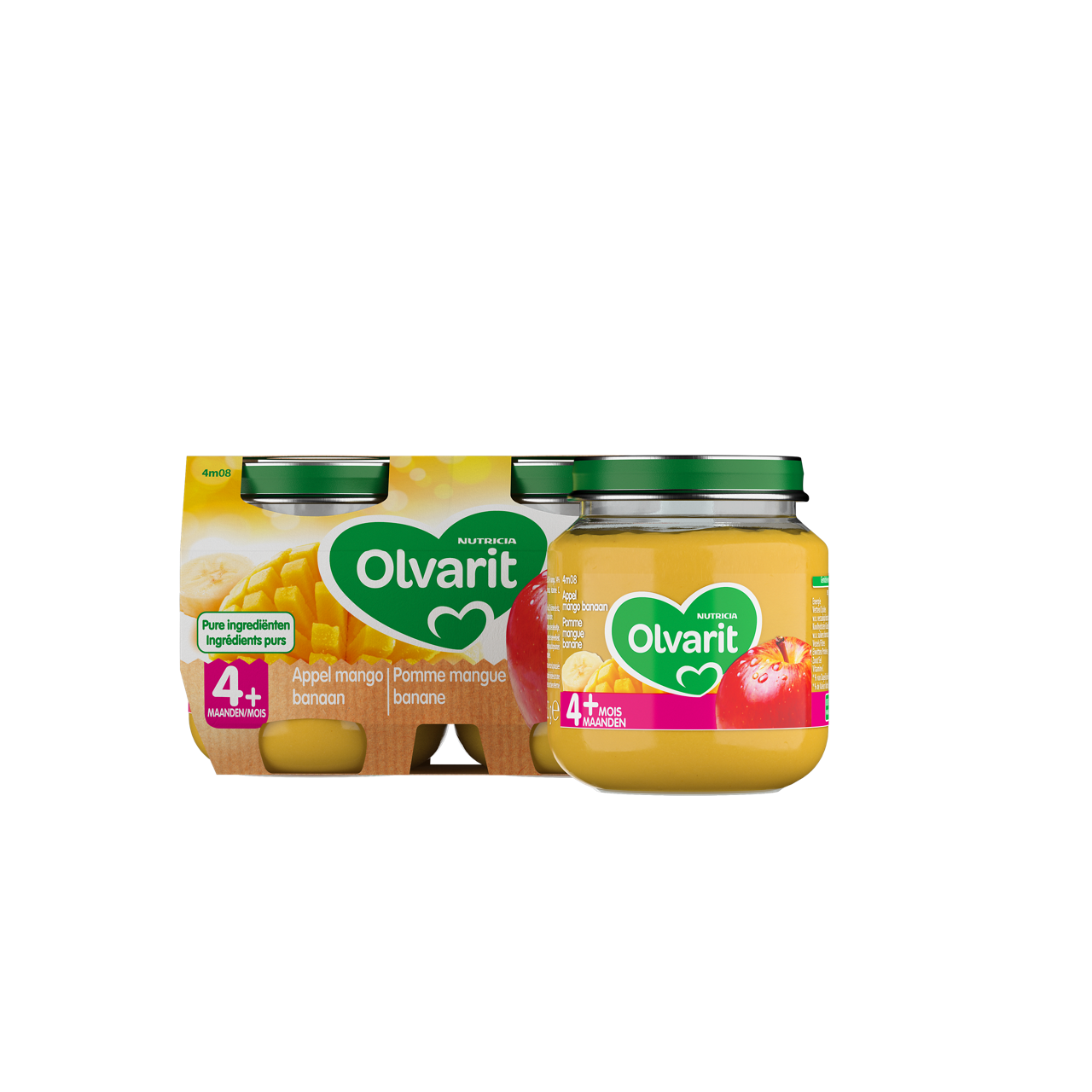 Ma première Cuillère Pomme, Mangue, Banane (125 g). Consultez notre site web Olvarit.be pour plus d'info sur alimentation pour bébé et les produits Olvarit.