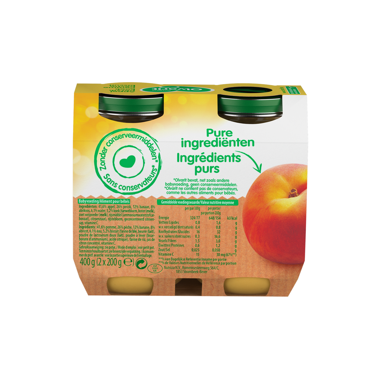 Olvarit Pomme pêche biscuit. Consultez notre site web Olvarit.be pour plus d'info sur alimentation pour bébé et les produits Olvarit.