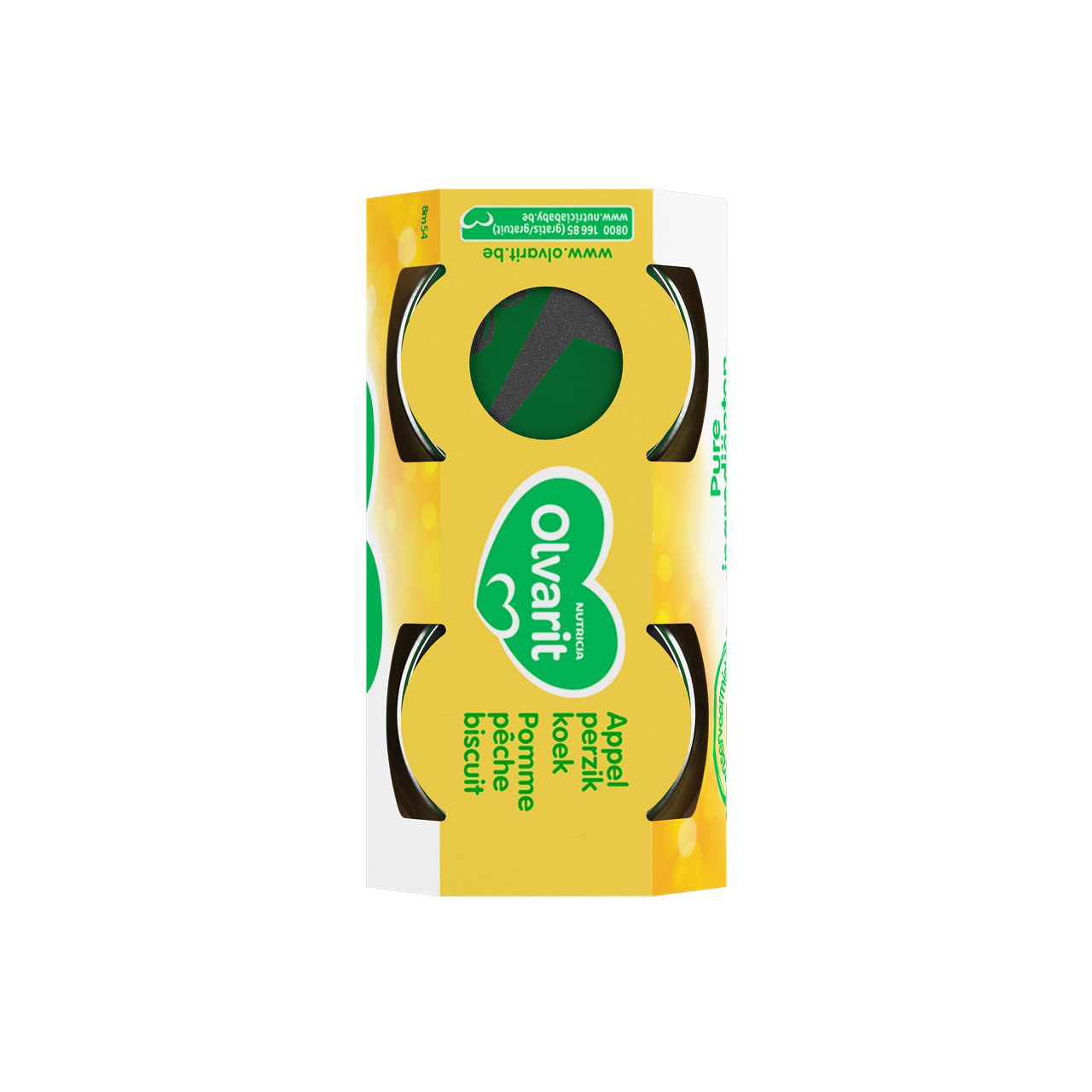 Olvarit Pomme pêche biscuit. Consultez notre site web Olvarit.be pour plus d'info sur alimentation pour bébé et les produits Olvarit.