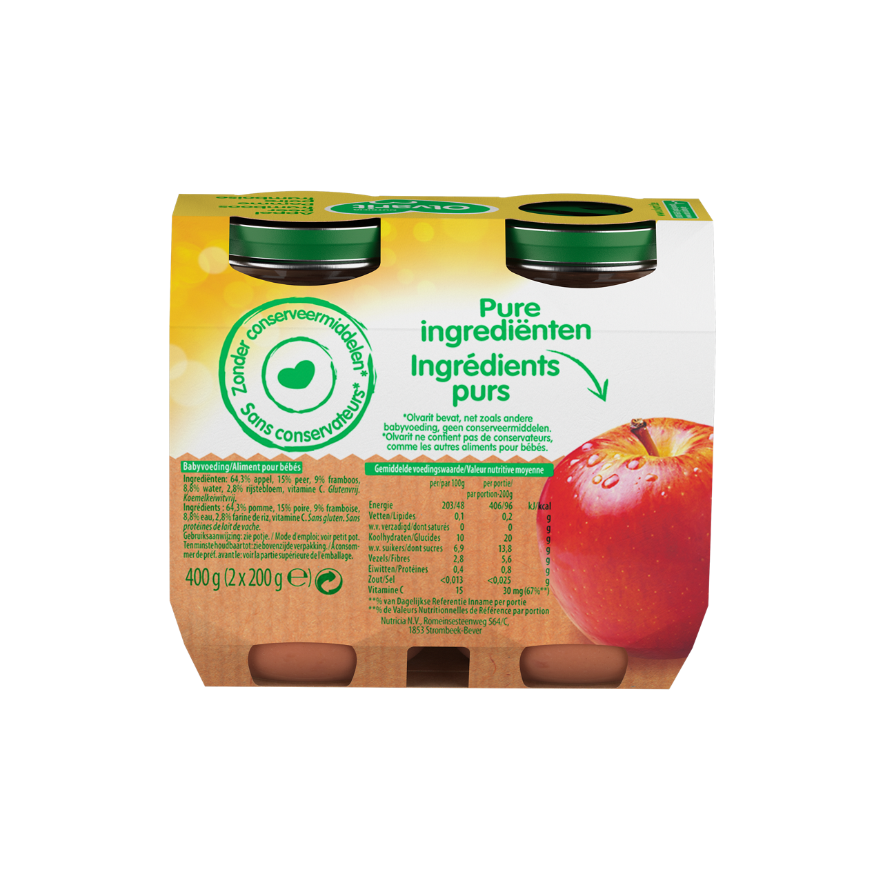Olvarit Pomme Poire Framboire (200 g). Consultez notre site web Olvarit.be pour plus d'info sur alimentation pour bébé et les produits Olvarit.