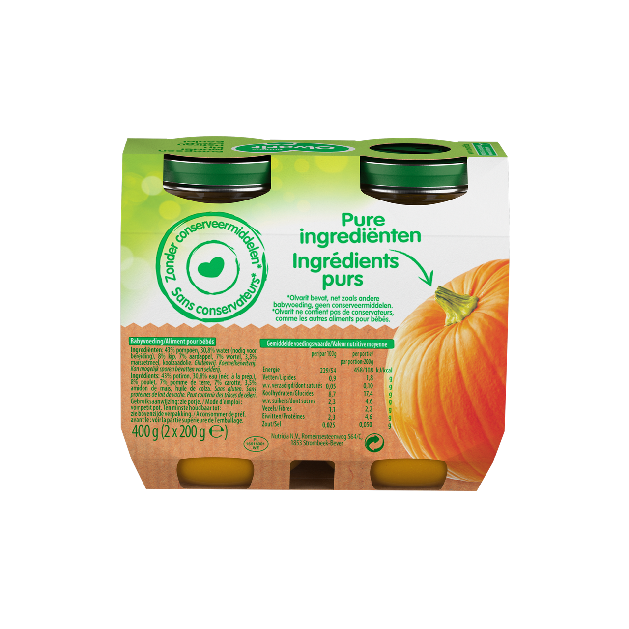 Olvarit Potiron Carotte Poulet. Consultez notre site web Olvarit.be pour plus d'info sur alimentation pour bébé et les produits Olvarit.
