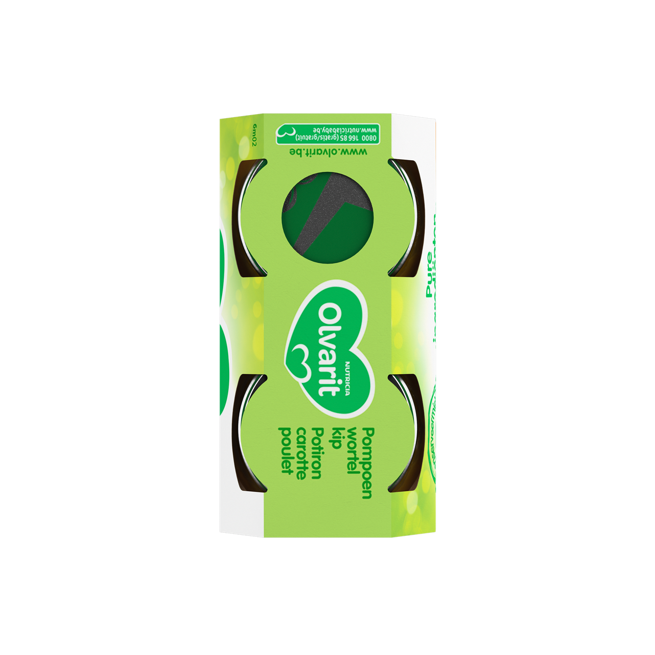 Olvarit Potiron Carotte Poulet. Consultez notre site web Olvarit.be pour plus d'info sur alimentation pour bébé et les produits Olvarit.