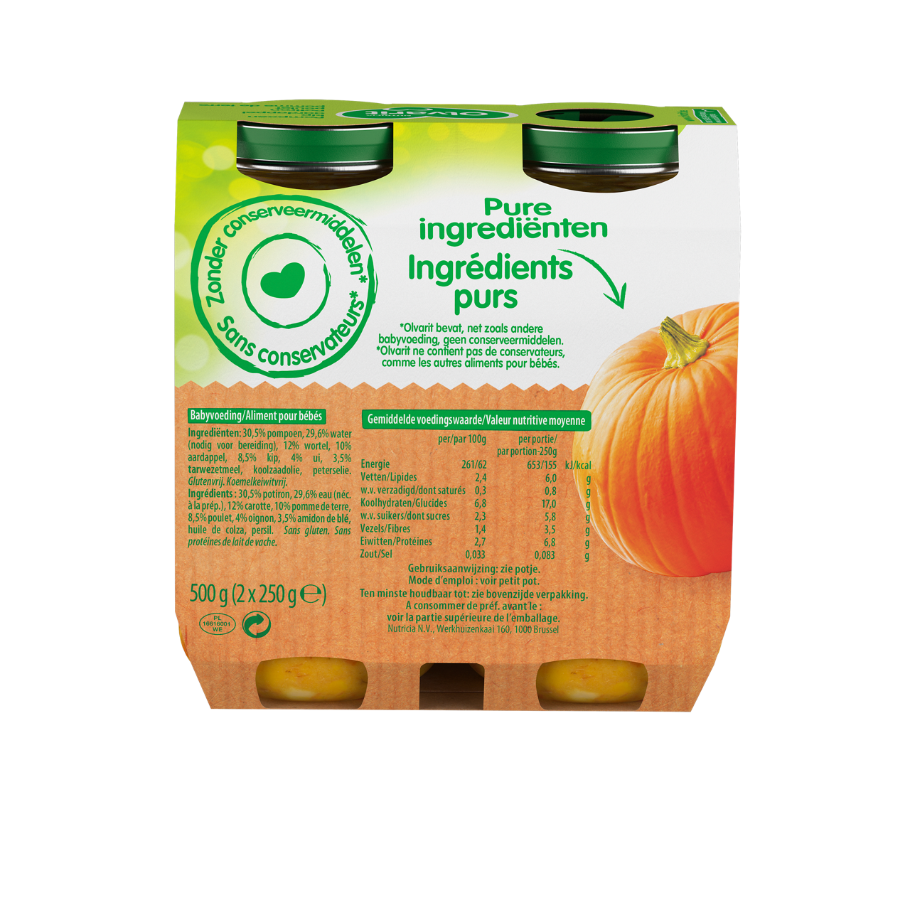 Olvarit Potiron Poulet Pâtes (250 g). Consultez notre site web Olvarit.be pour plus d'info sur alimentation pour bébé et les produits Olvarit.