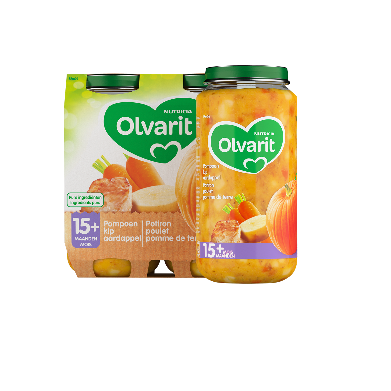 Olvarit Potiron Poulet Pâtes (250 g). Consultez notre site web Olvarit.be pour plus d'info sur alimentation pour bébé et les produits Olvarit.