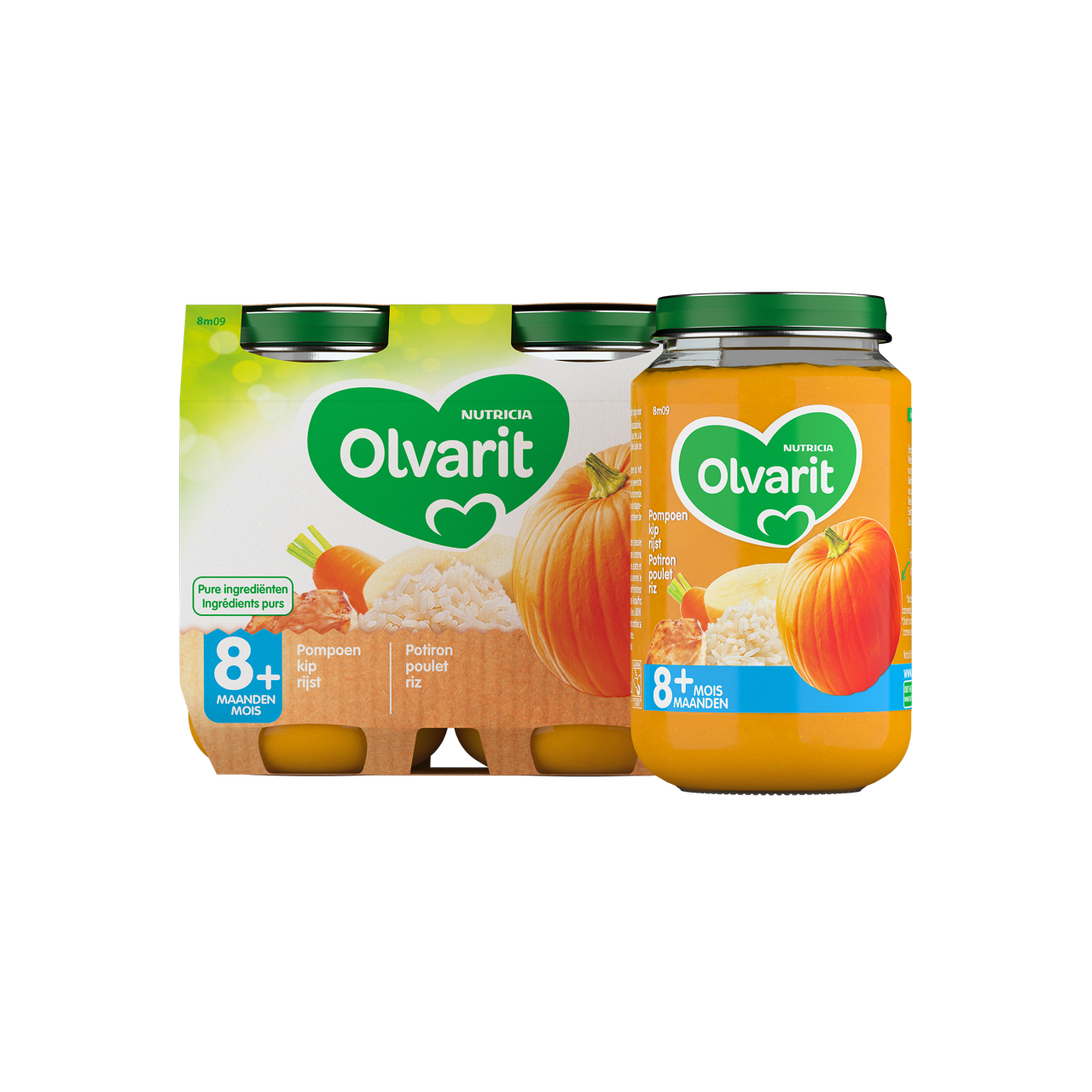 Olvarit Potiron poulet riz. Consultez notre site web Olvarit.be pour plus d'info sur alimentation pour bébé et les produits Olvarit.
