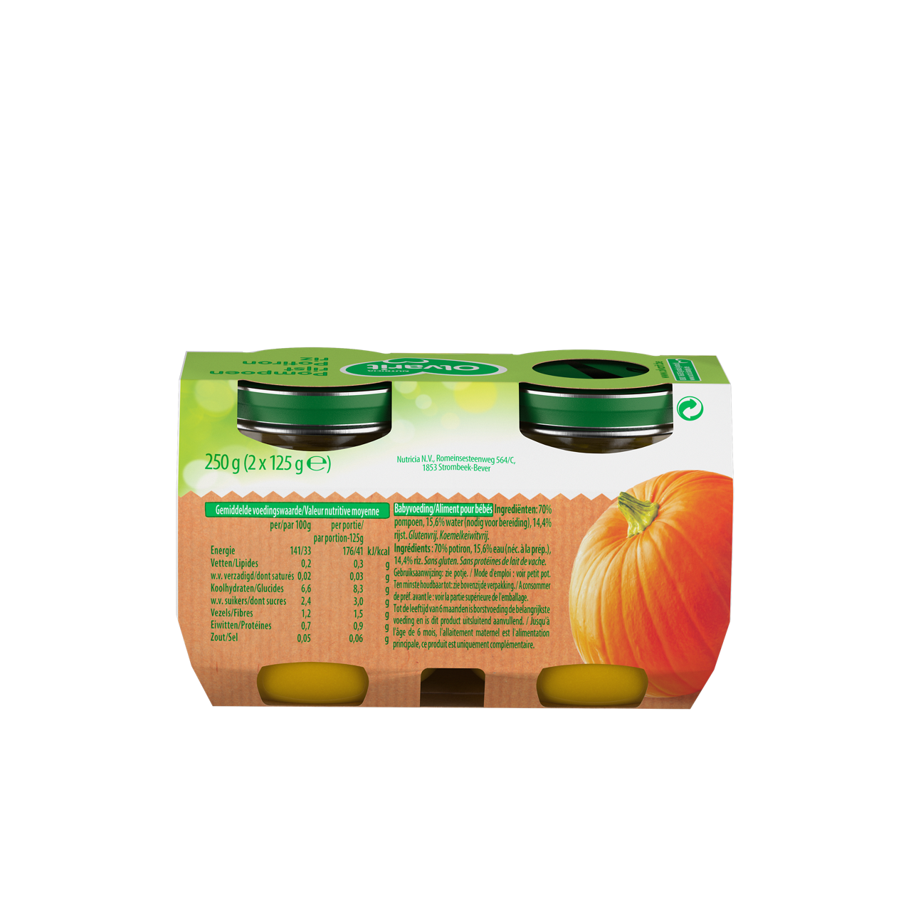 Ma Première Cuillère Potiron riz (125 g). Consultez notre site web Olvarit.be pour plus d'info sur alimentation pour bébé et les produits Olvarit.