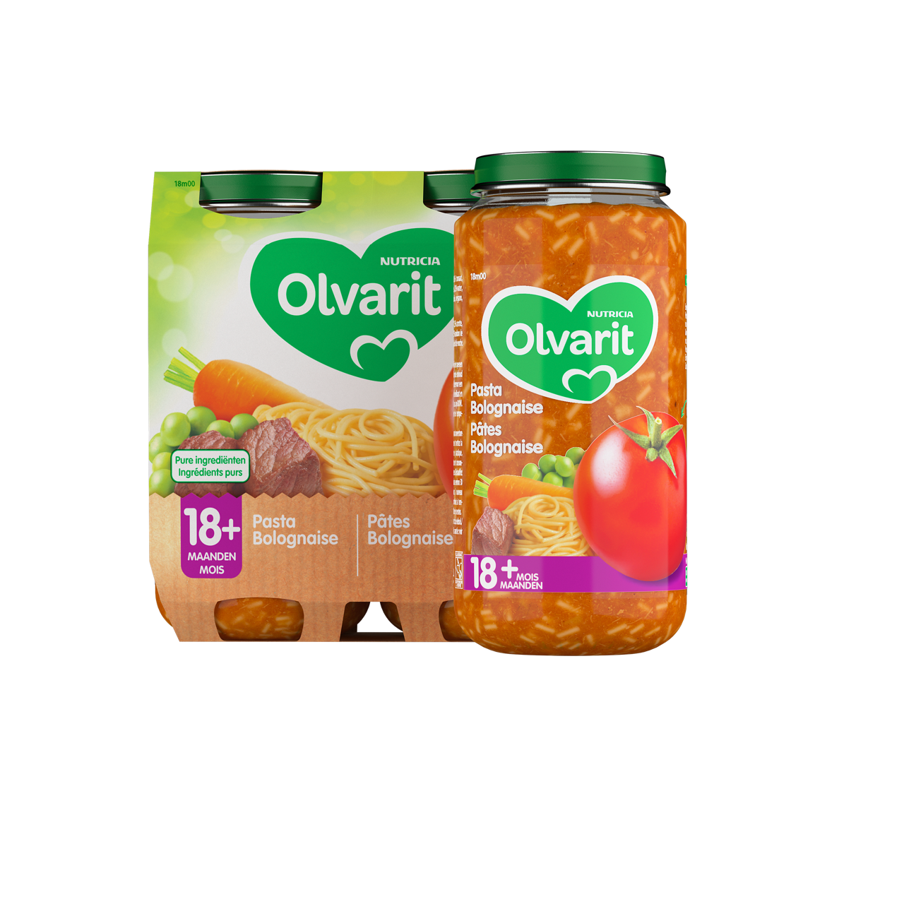 Pâtes Bolognaise à base de tomates, carrote, petits pois et boeuf.
