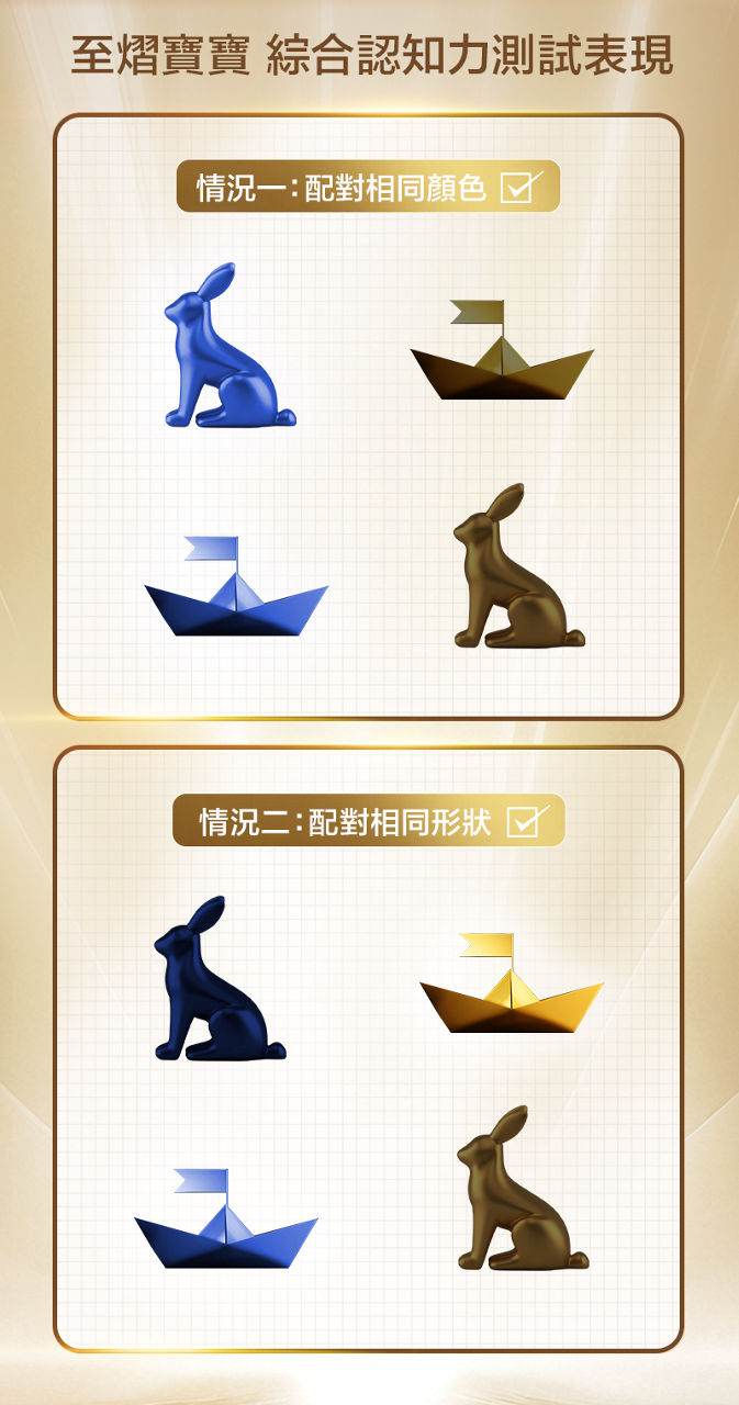 至𦒉寶寶，綜合認知力測試表現：情況一，配對相同顏色；情況二，配對相同形狀。