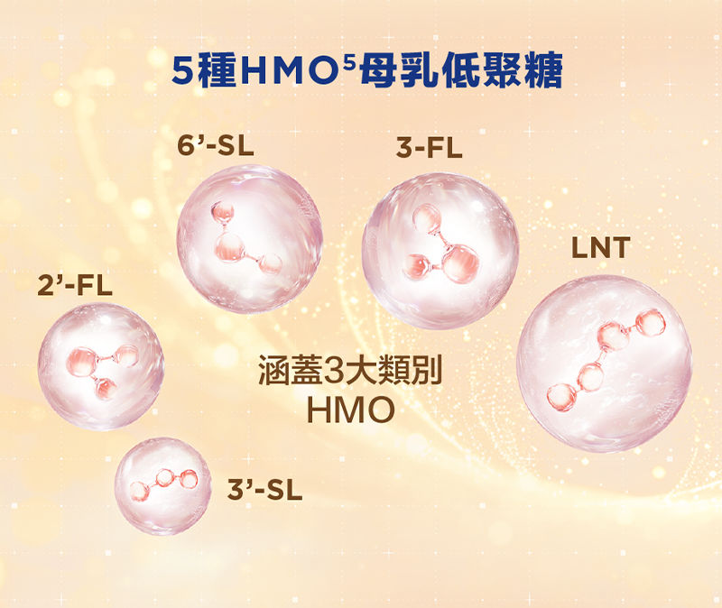 5種HMO5母乳低聚糖，涵蓋3大類別HMO：2'-FL, 6'-SL, 3-FL, LNT, 3'-SL