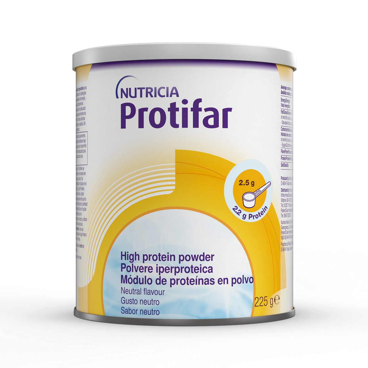Nutricia Protifar – visokobeljakovinski prašek (2,2 g beljakovin na 2,5 g merico), živilo za posebne zdravstvene namene v pločevinki 225 g ali 500 g, brez glutena in laktoze, z nevtralnim okusom, namenjen prehranskemu uravnavanju hipoproteinemije pri pacientih z zmanjšanim vnosom beljakovin ali povečanimi potrebami po beljakovinah.