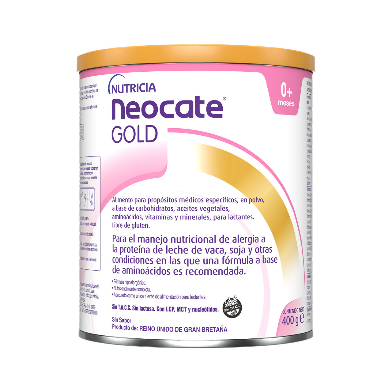 Neocate Gold Fórmula para el manejo nutricional de alergia a la proteína de leche de vaca, soja y otras condiciones en las que una fórmula a base de aminoácidos es recomendada, para bebes de 0-12 meses, lata de 400g