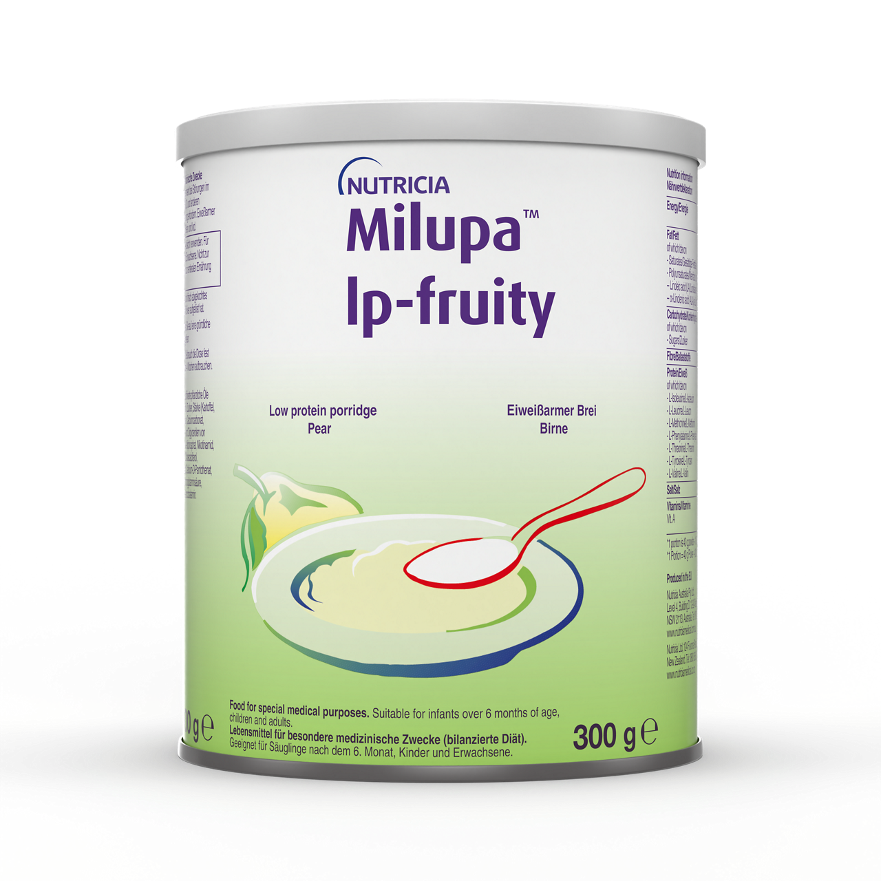 Milupa LP Fruity kaša z okusom hruške – nizkobeljakovinska kaša, 300 g, v škatli bele in zelene barve, obogatena z vitamini, železom, kalcijem in jodom, primerna za bolnike s presnovnimi motnjami (PKU, MSUD)