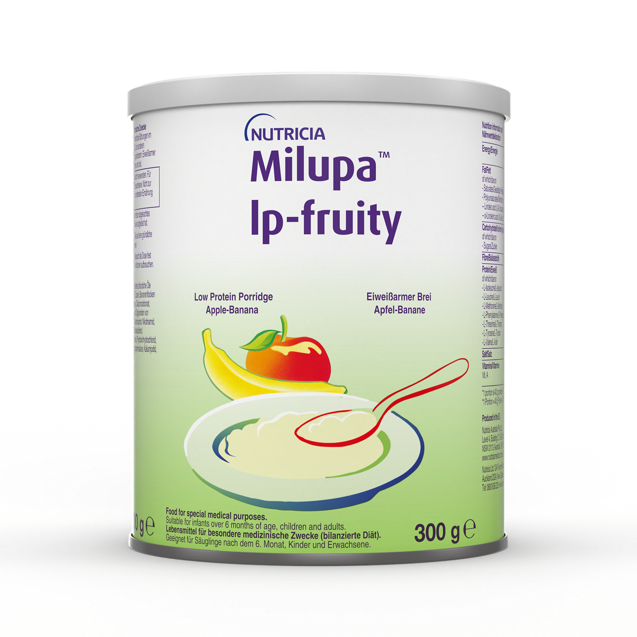 Milupa LP Fruity jabolko-banana – nizkobeljakovinska kaša (300 g), z okusom jabolka in banane, v škatli bele in zelene barve, obogatena z vitamini, železom, kalcijem in jodom za ljudi s presnovnimi motnjami.