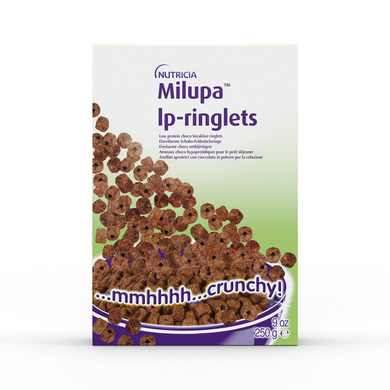 Milupa LP čokoladni obročki 250 g – nizkobeljakovinski otroški zajtrk iz pravega kakava, poln vitaminov in vlaknin, embalaža prikazana spredaj.