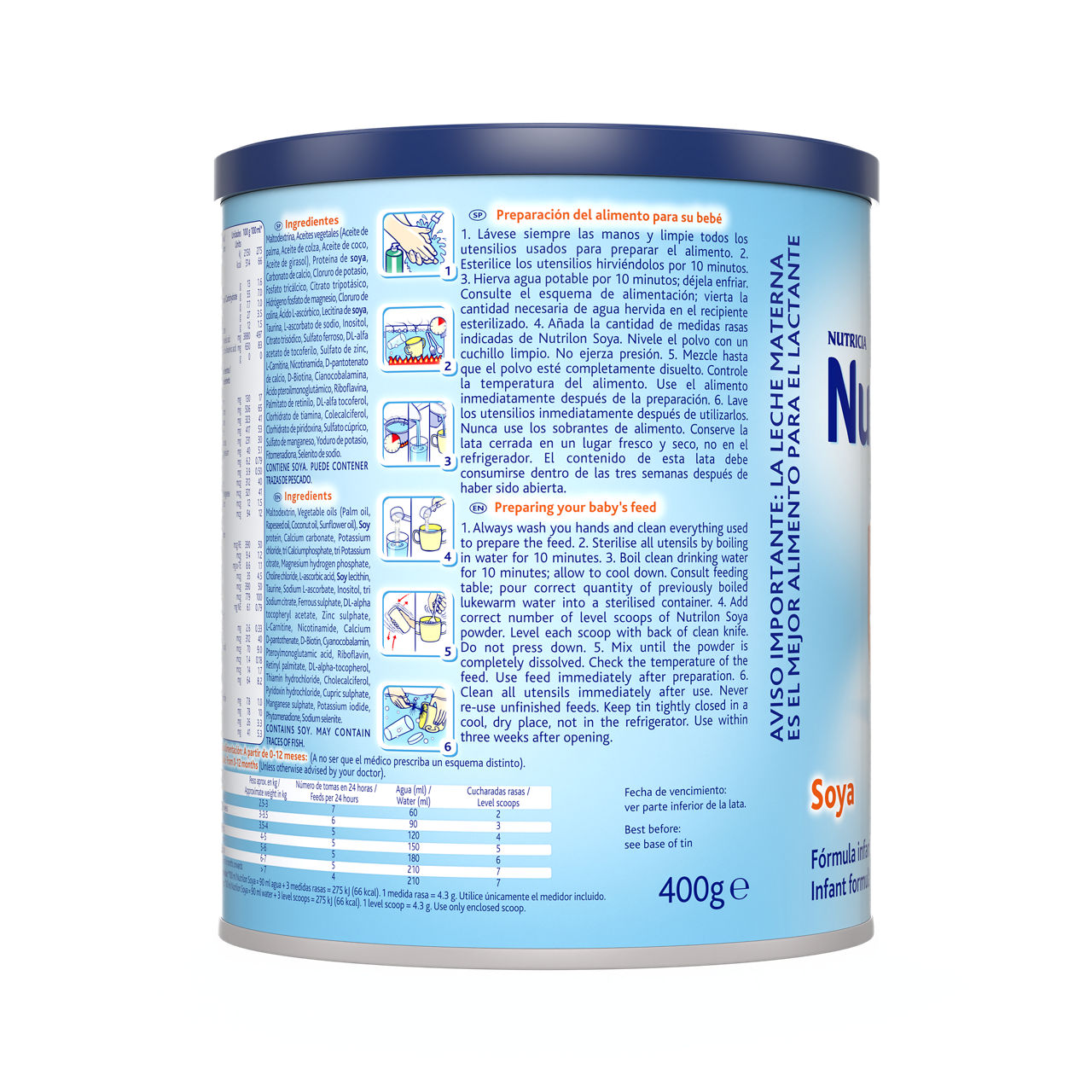 Nutrilon Soya fórmula en polvo de soya para bebés que requieran una dieta sin leche, de 0 a 12 meses, lata 400g costado derecho