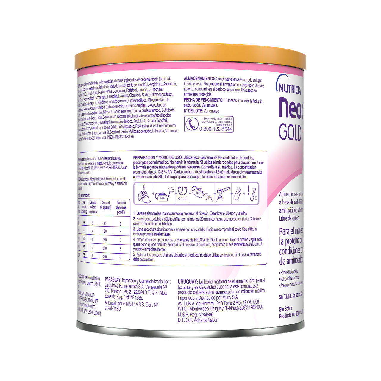 Neocate Gold Fórmula para el manejo nutricional de alergia a la proteína de leche de vaca, soja y otras condiciones en las que una fórmula a base de aminoácidos es recomendada, para bebes de 0-12 meses, lata de 400g costado derecho