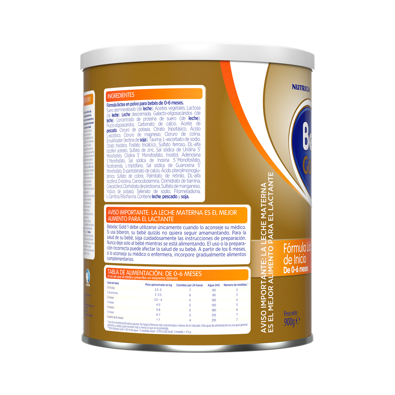 Bebelac Gold 1 Bebelac 1 fórmula láctea de inicio polvo para bebés 0 a 6 meses envase amarillo naranja 900g costado derecho - Bebeclub Ecuador