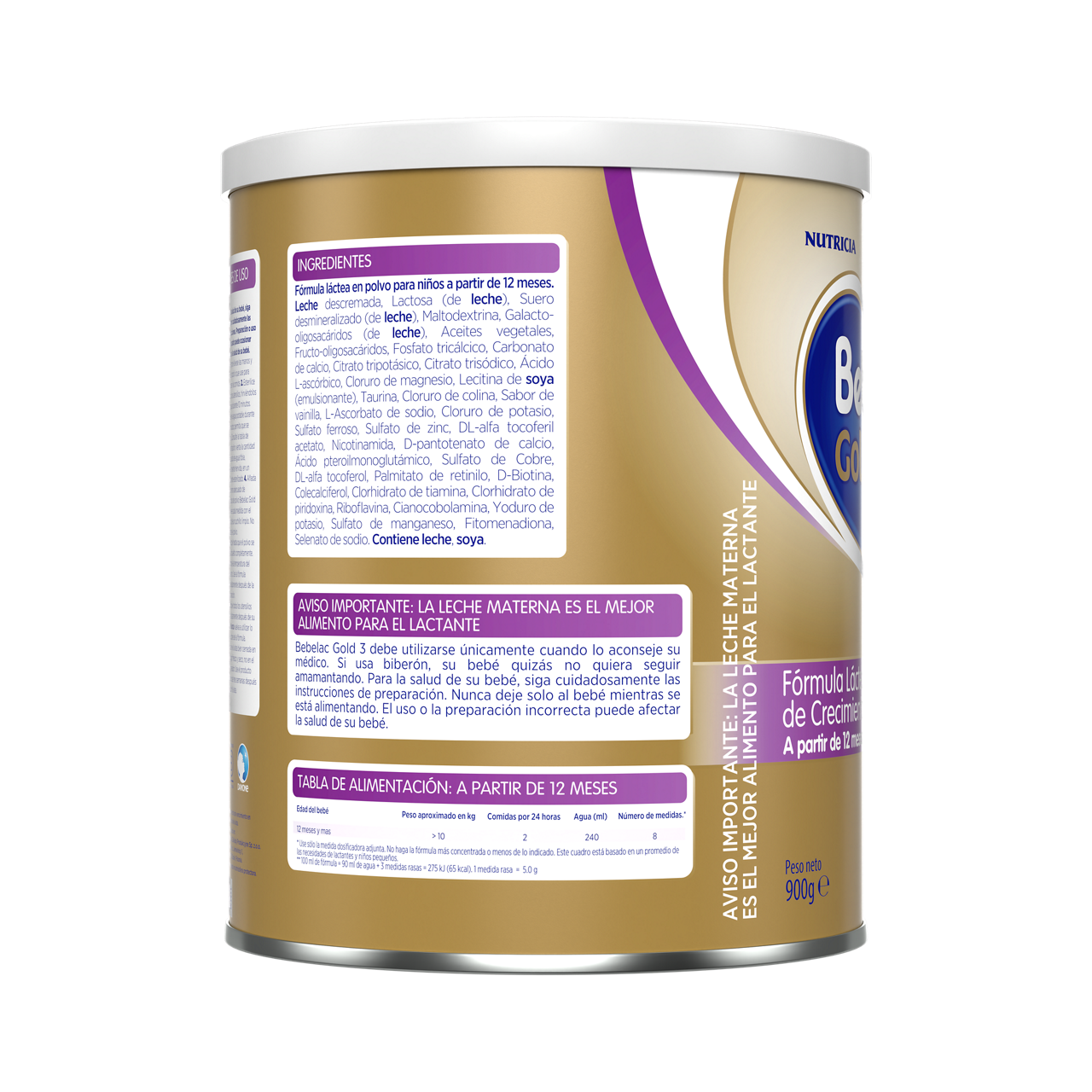 Bebelac Gold 3 Bebelac 3 fórmula láctea de crecimiento polvo para niños desde 12 meses envase amarillo morado 900g costado derecho - Bebeclub Ecuador