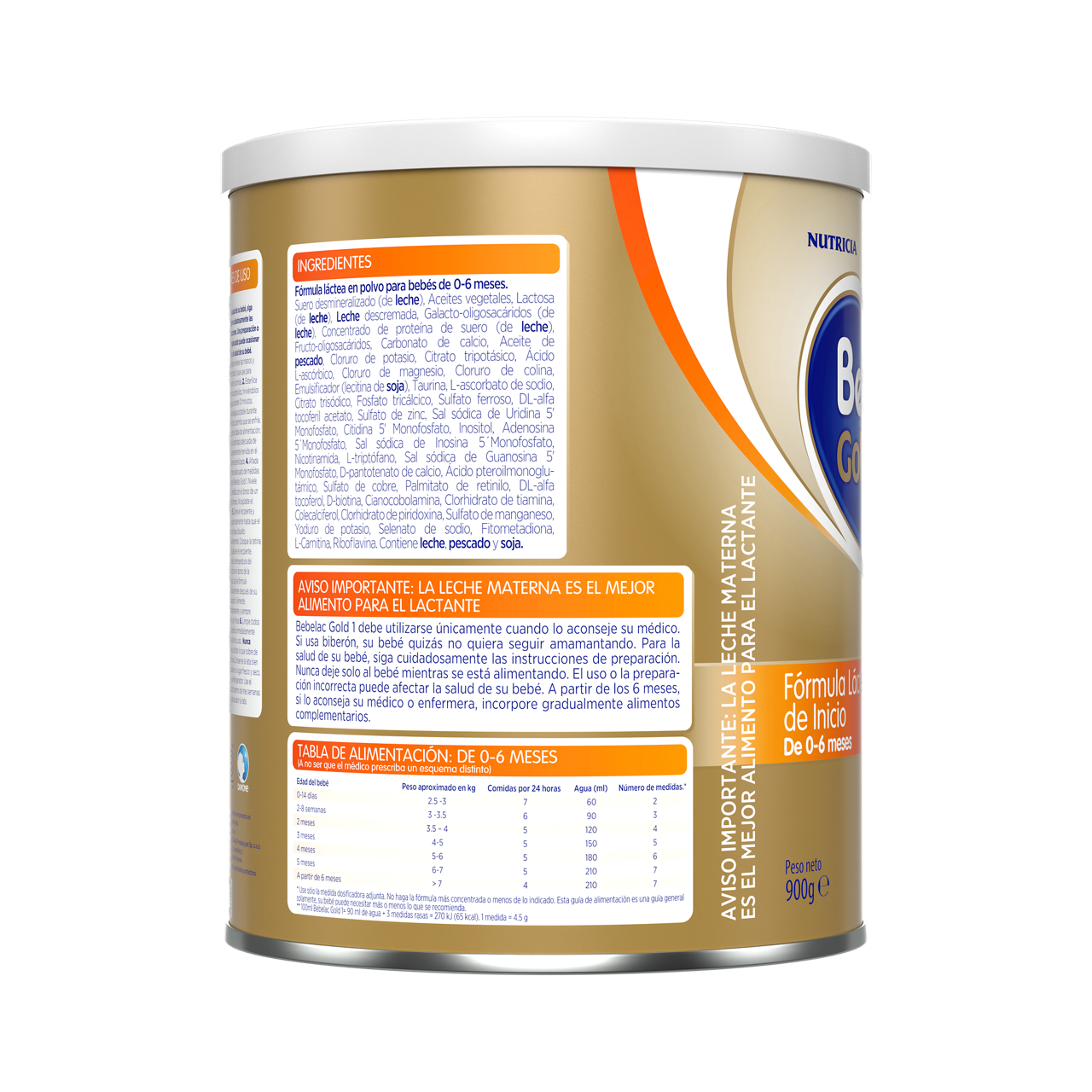 Bebelac Gold 1 Bebelac 1 fórmula láctea de inicio polvo para bebés 0 a 6 meses envase amarillo naranja 900g costado derecho - Bebeclub Ecuador