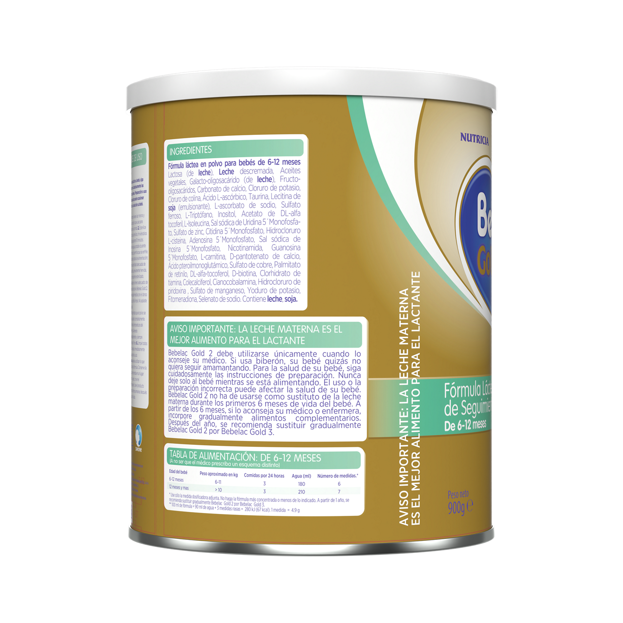 Bebelac Gold 2 Bebelac 2 fórmula láctea de seguimiento polvo para bebés 6 a 12 meses envase amarillo verde 900g costado derecho - Bebeclub Ecuador