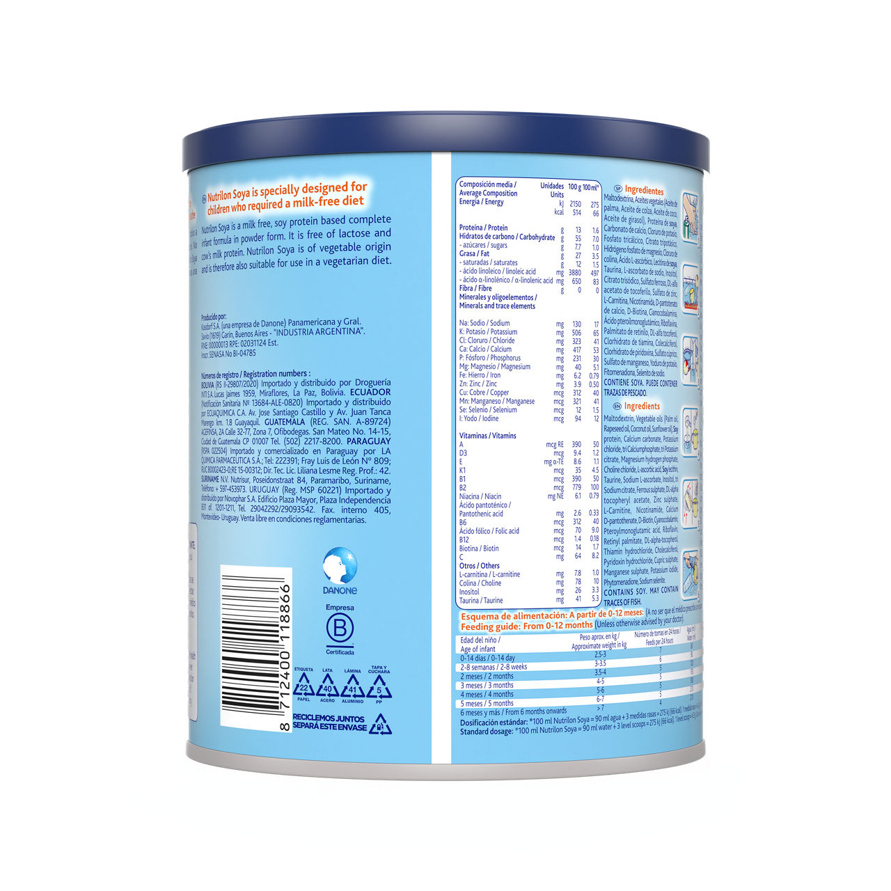 Nutrilon Soya fórmula en polvo de soya para bebés que requieran una dieta sin leche, de 0 a 12 meses, lata 400g , Packshot atras.