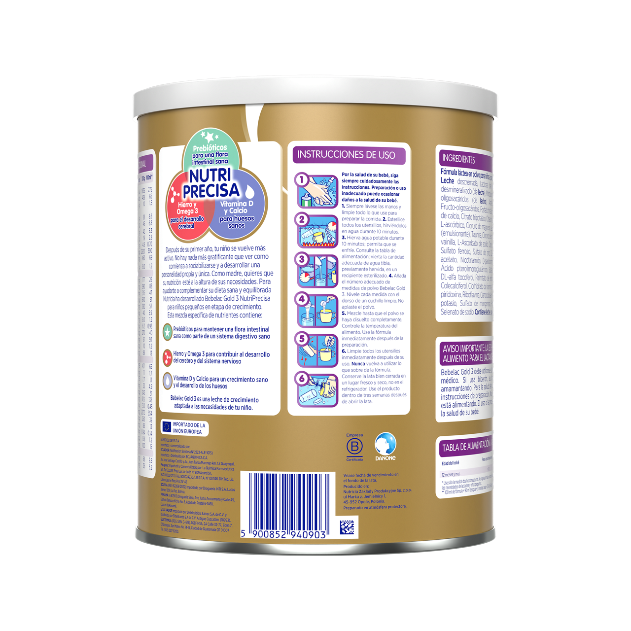 Bebelac Gold 3 Bebelac 3 fórmula láctea de crecimiento polvo para niños desde 12 meses  lata amarillo morado 900g  - Bebeclub Ecuador