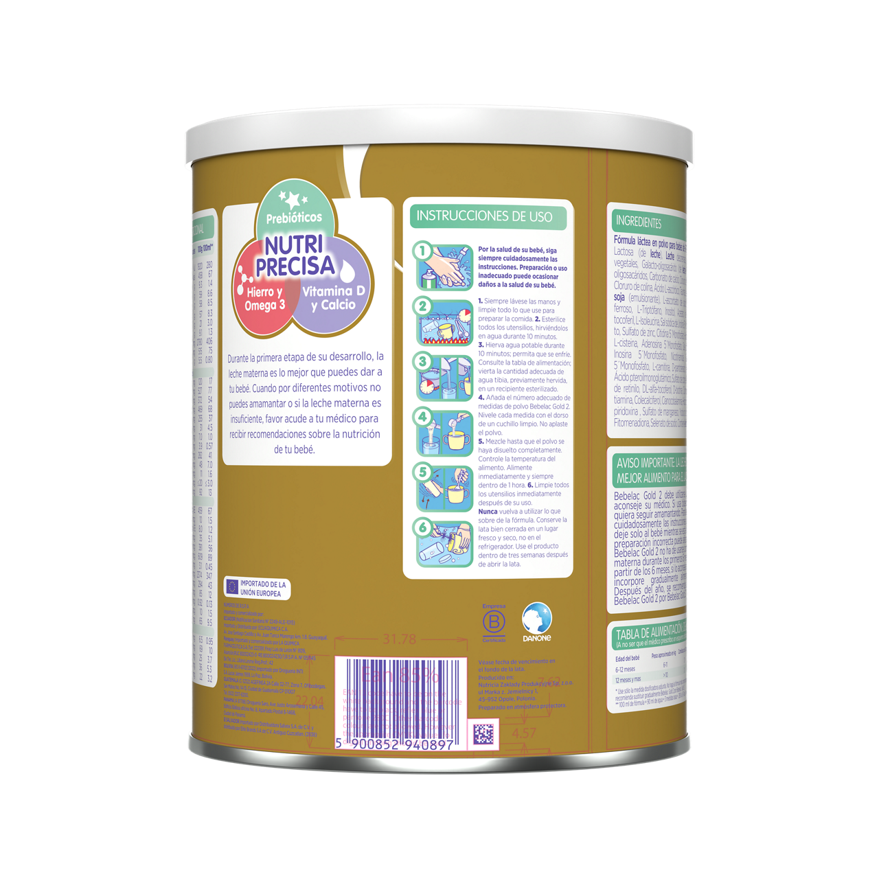 Bebelac Gold 2 Bebelac 2 fórmula láctea de seguimiento polvo para bebés 6 a 12 meses lata amarillo verde 900g  - Bebeclub Ecuador