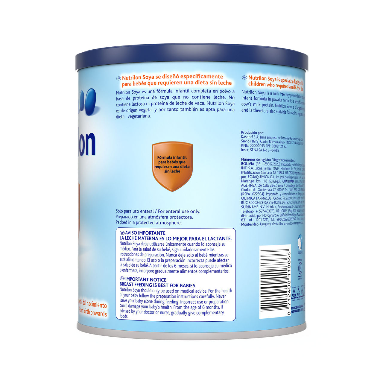 Nutrilon Soya fórmula en polvo de soya para bebés que requieran una dieta sin leche, de 0 a 12 meses, lata 400g costado izquierdo