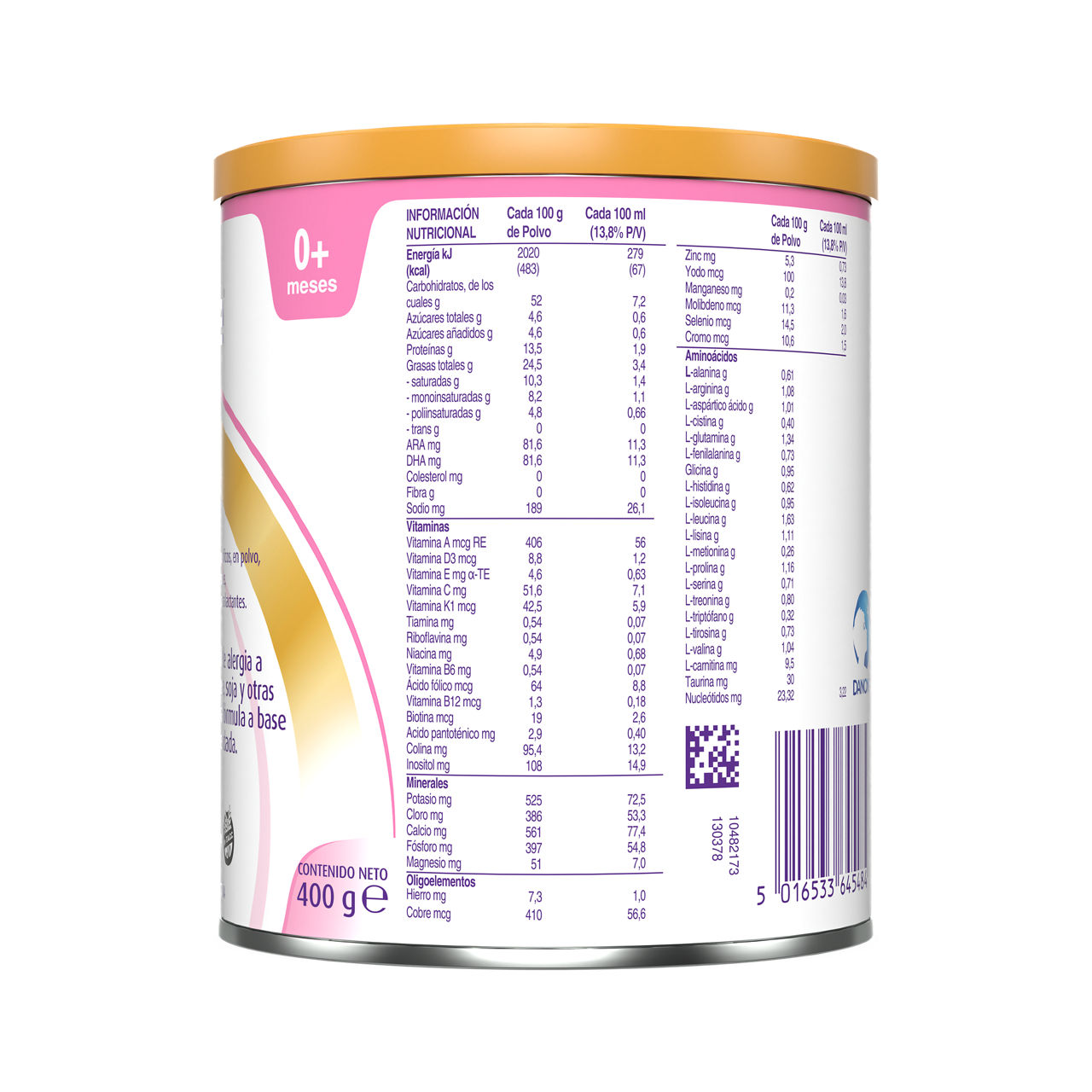 Neocate Gold Fórmula para el manejo nutricional de alergia a la proteína de leche de vaca, soja y otras condiciones en las que una fórmula a base de aminoácidos es recomendada, para bebes de 0-12 meses, lata de 400g costado izquierdo