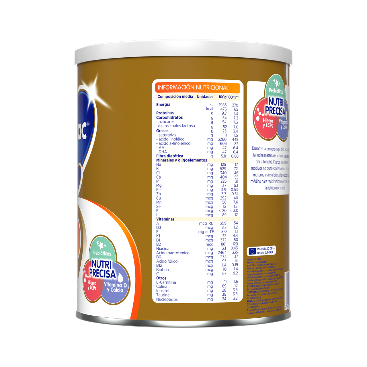 Bebelac Gold 1 Bebelac 1 fórmula láctea de inicio polvo para bebés 0 a 6 meses envase amarillo naranja 900g costado izquierdo - Bebeclub Ecuador