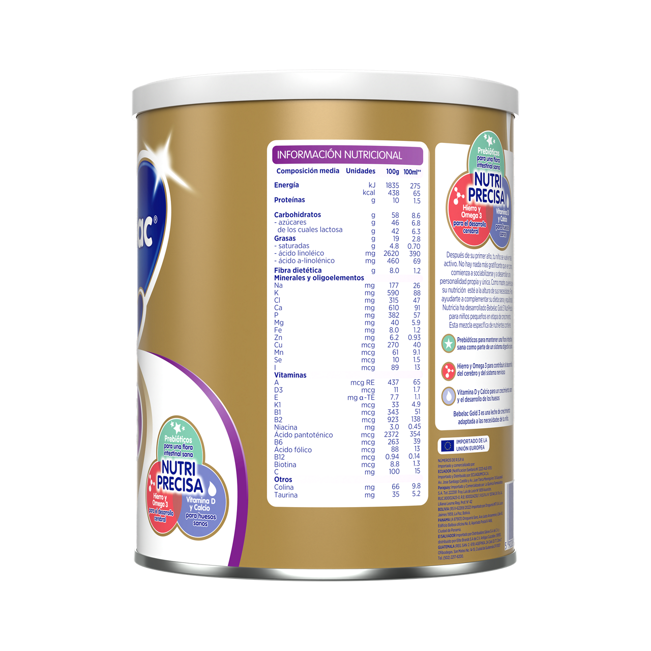 Bebelac Gold 3 Bebelac 3 fórmula láctea de crecimento polvo para niños desde 12 meses  envase amarillo morado 900g costado izquierdo - Bebeclub Ecuador