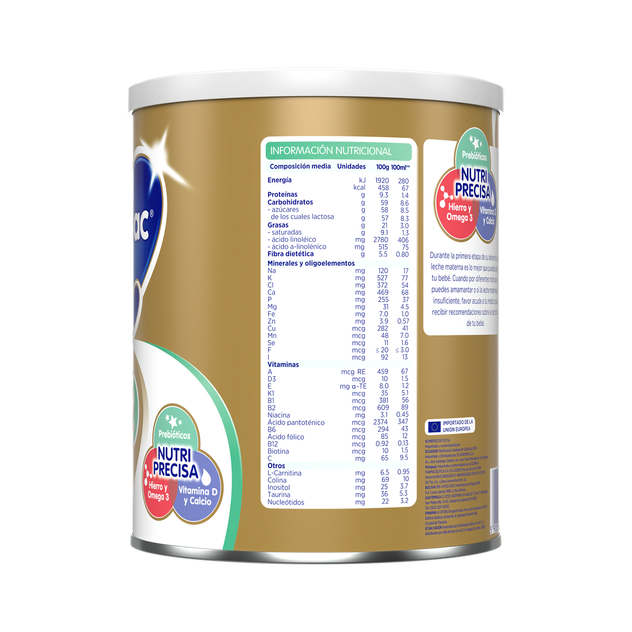 Bebelac Gold 2 Bebelac 2 fórmula láctea de seguimiento polvo para bebés 6 a 12 meses envase amarillo verde 900g costado izquierdo - Bebeclub Ecuador